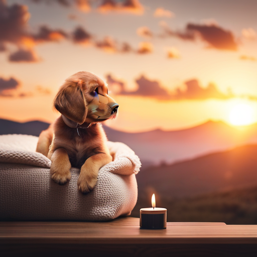 An image showcasing a serene puppy resting on a plush bed in a softly lit room, with soothing colors and peaceful decor
