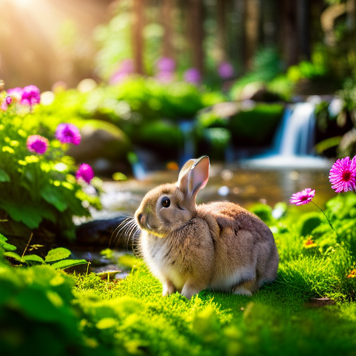 An image capturing the enchantment of Rabbit's Foot Stardew, showcasing a vibrant, whimsical garden with cascading waterfalls, lush greenery, and a rare, shimmering rabbit's foot nestled amongst vibrant flowers