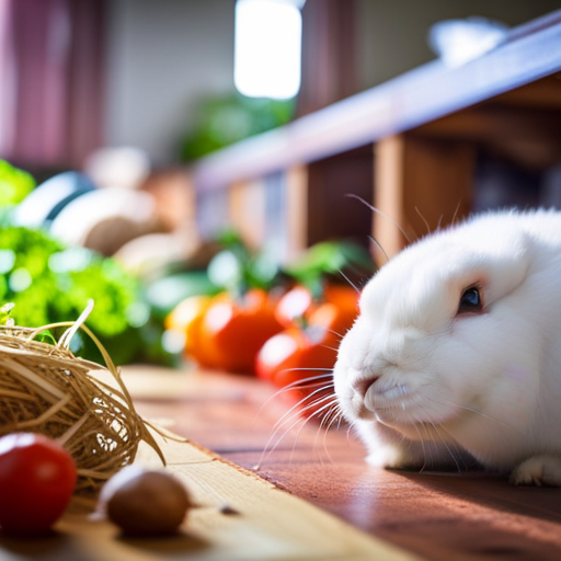 An image capturing a close-up of a rabbit's healthy, glossy fur, while it nibbles on a vibrant assortment of fresh vegetables and hay in a spacious, clean hutch, surrounded by toys and a cozy sleeping area