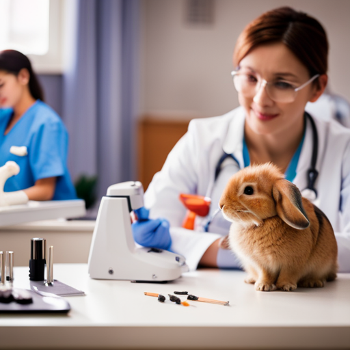 An image depicting a bright, spacious veterinary clinic with a caring veterinarian gently examining a healthy rabbit