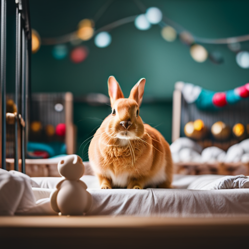An image that showcases a spacious indoor rabbit hutch, filled with soft bedding and toys