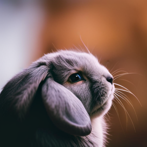 An image depicting a close-up of a gray-furred, elderly rabbit with graying fur around its muzzle, cloudy eyes, and a slightly hunched posture, showcasing the subtle signs of aging in rabbits