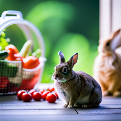 An image showcasing a rabbit surrounded by fresh vegetables, a spacious hutch with clean bedding, and a companion bunny, emphasizing the positive factors that contribute to a rabbit's longer lifespan