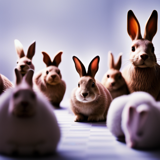 An image depicting a family of rabbits, each with distinct physical traits and variations, showcasing the influence of genetic factors and inherited conditions on their life expectancy