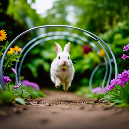 An image showcasing a vibrant, lush garden with a joyful rabbit leaping through hoops, tunnels, and exploring various engaging toys, emphasizing the importance of exercise and mental stimulation for rabbits' longevity