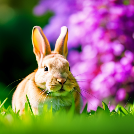An image depicting a serene rabbit nestled in a lush garden, showcasing the vibrant colors of nature
