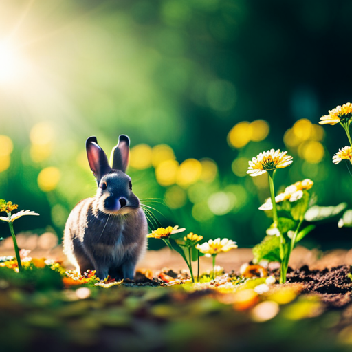 An image showcasing a vibrant, leafy garden with a variety of nutrient-rich vegetables and herbs, specifically chosen to reflect a rabbit's ideal diet for longevity