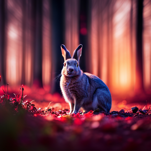 An image that captures the eerie allure of rabbits with fiery red eyes in a moonlit forest, their crimson gazes piercing the darkness while their soft fur blends harmoniously with the hauntingly beautiful surroundings