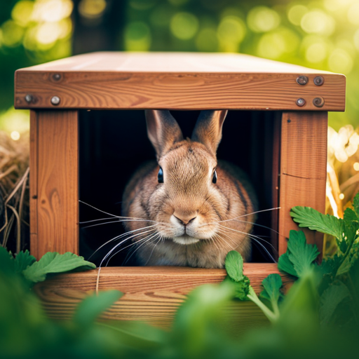 An image of a red-eyed rabbit peacefully nestled in a cozy hutch, surrounded by fresh hay and a variety of nutrient-rich vegetables, showcasing the essential care and health tips for these captivating creatures