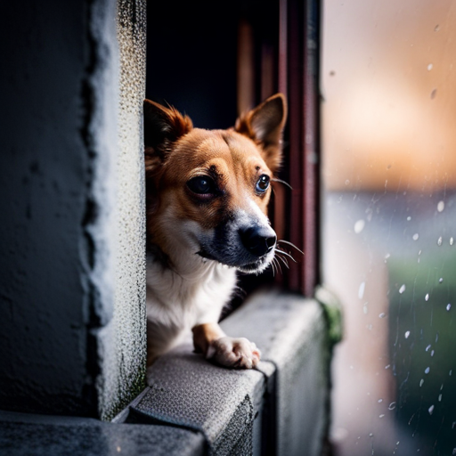 An image capturing a close-up of a trembling dog huddled against a wall, ears flattened, wide-eyed, with rain pouring outside a window, highlighting how thunderstorms can trigger stress in dogs