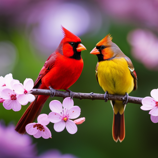 An image featuring a lush, green garden with vibrant red cardinal birds perched on blooming cherry blossom trees