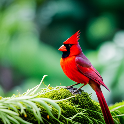 An image capturing the mystical allure of a red cardinal perched on a moss-covered branch, its vibrant feathers contrasting against a backdrop of lush green foliage