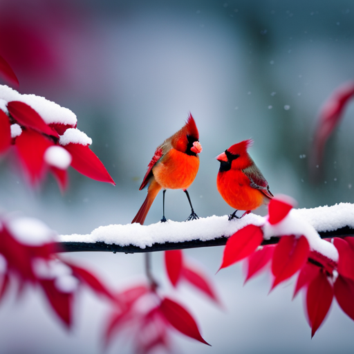 An image showcasing the enigmatic red cardinal perched on a snow-covered branch, with a couple exchanging smiles in the background, symbolizing love
