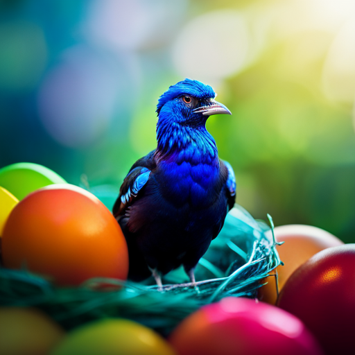 An image capturing the enchanting beauty of a Sapphire Gem Chicken, showcasing its vibrant, iridescent plumage, gracefully curved feathers, and majestic crest, as it proudly sits atop a nest adorned with an array of dazzling, rainbow-colored eggs