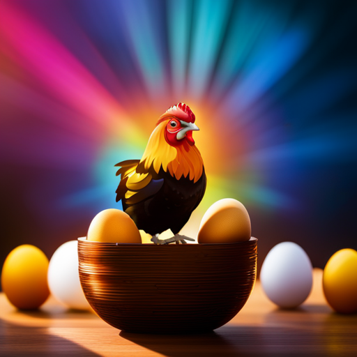 An image showcasing a majestic Sapphire Gem Chicken perched on a rustic wooden nest, surrounded by vibrant, luminescent eggs in an array of mesmerizing colors, like a breathtaking rainbow come to life