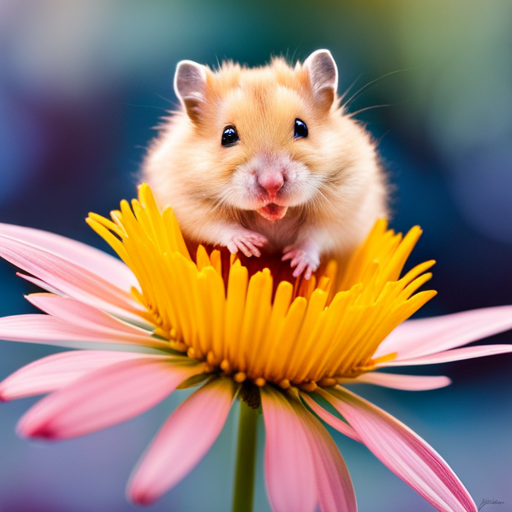 the essence of the tiniest hamster in a whimsical image: a delicate, fuzzy creature delicately perched on a daisy petal, its minuscule paws and twinkling eyes creating an enchanting display of miniature cuteness