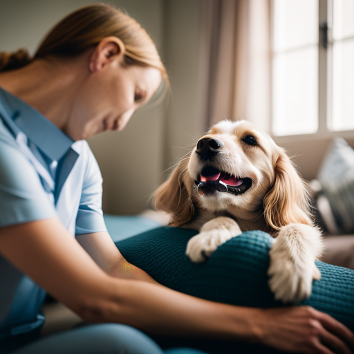 An image showcasing a serene vet visit environment for dogs, featuring a dog peacefully lying on a cozy mat while a veterinarian uses a gentle touch and a calming tool like a Thundershirt or a diffuser