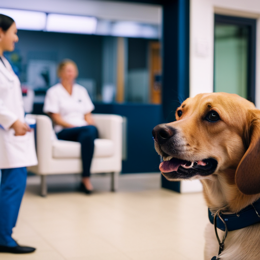 An image of a happy, tail-wagging dog eagerly approaching a vet clinic entrance, with a cheerful veterinarian offering treats