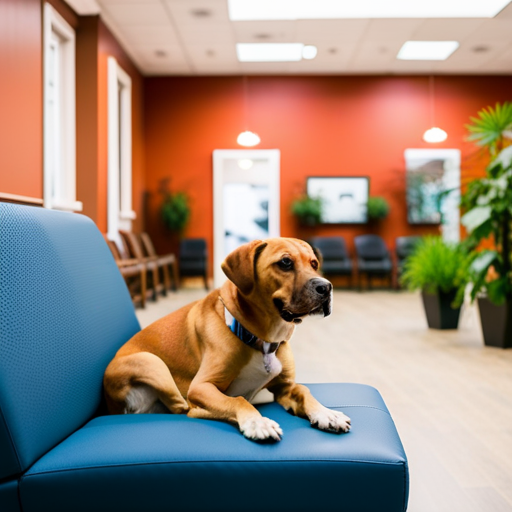  Design an image showcasing a serene veterinary waiting area with soft, natural lighting, calming colors, and a designated quiet space for dogs
