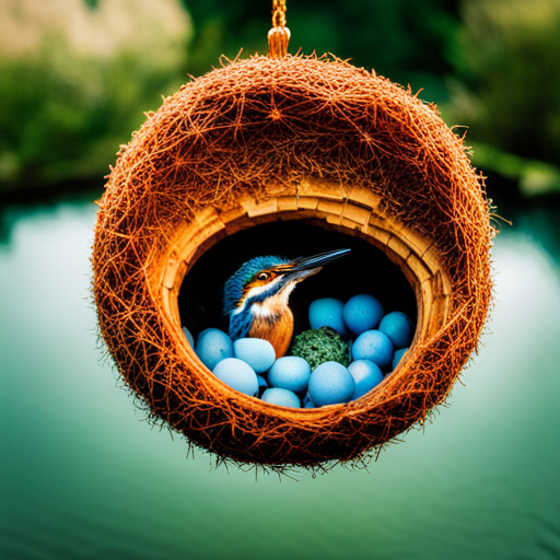 An image that captures the intricate beauty of a Kingfisher's nest: a mossy, dome-shaped structure adorned with vibrant feathers, nestled in the lush branches of a riverside tree, with the shimmering water as a backdrop