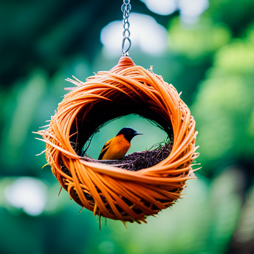 An image showcasing the intricate masterpiece of an oriole's nest: vibrant threads of grass and leaves woven delicately into a hanging basket, suspended amidst lush foliage, a testament to nature's architectural brilliance