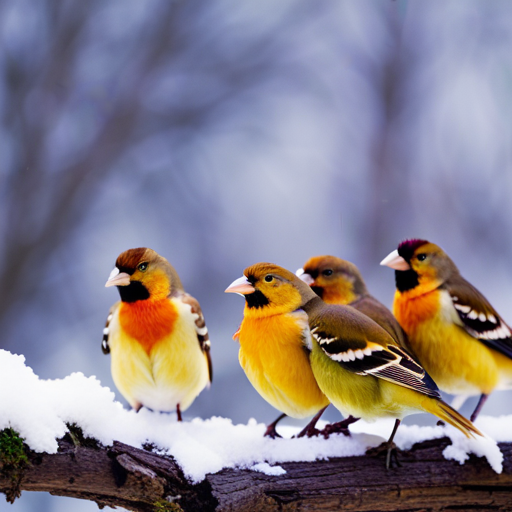 An image capturing the resilience of winter birds: a flock of colorful finches huddled together on a snow-covered branch, fluffed feathers, puffs of warm breath visible in the crisp air