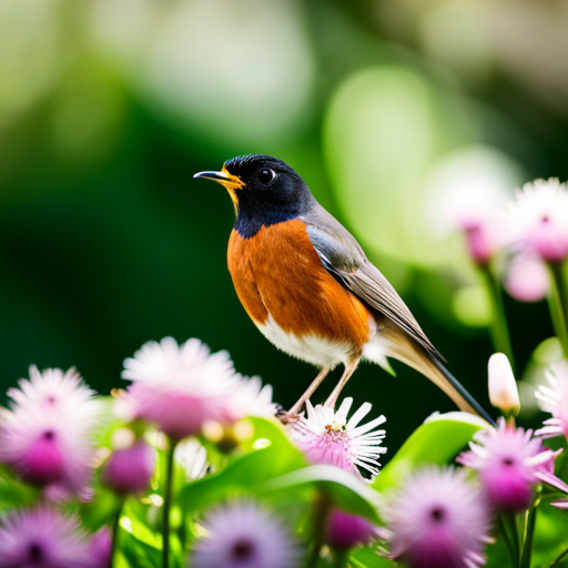 An image showcasing the American Robin's preferred habitat: a lush, suburban garden with a vibrant green lawn, blooming flower beds, and a birdbath surrounded by tall trees providing shade and nesting spots