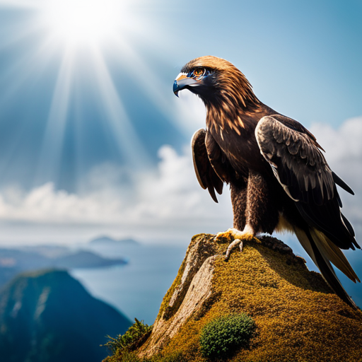 An image capturing the intense gaze of a majestic golden eagle perched on a rugged cliff, showcasing the resilience and longevity of raptors in their natural habitat