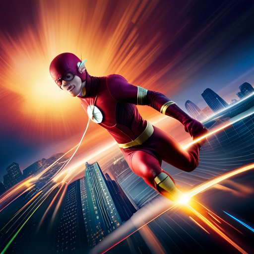 An image capturing the Flash's lightning-fast arrival in Starling City, as he unites with Green Arrow and the Legends of Tomorrow, illuminating the night sky with electrifying streaks of blue, red, and green