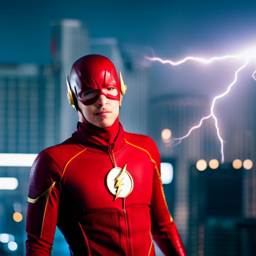 An image featuring The Flash, surrounded by crackling bolts of lightning, as he races through the streets of Starling City