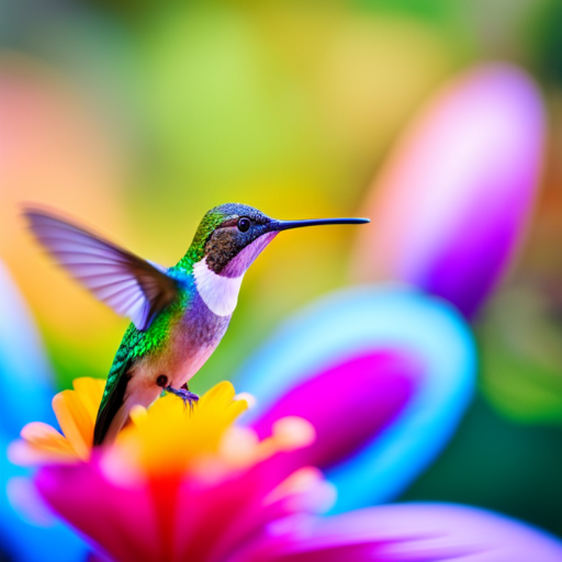 An image capturing a delicate baby hummingbird, its minuscule size emphasized against a vibrant backdrop of tropical flowers