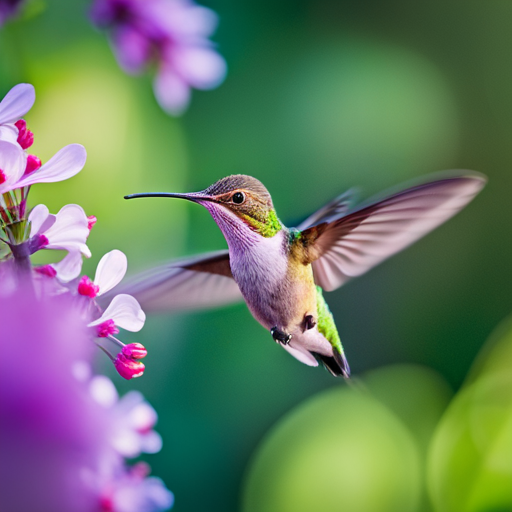 An image capturing the breathtaking moment of a baby hummingbird taking its first flight, amidst vibrant blossoms of a spring garden, showcasing the delicate balance between timing and seasonality in its incredible journey