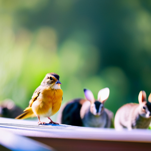 An image showcasing a peaceful scene: a brown bird perched on a fence, surrounded by various animals like rabbits, squirrels, and cats