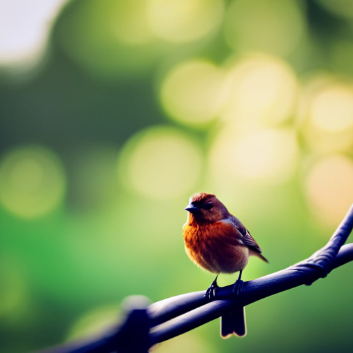 An image showcasing a serene garden scene with a content brown bird perched on a branch