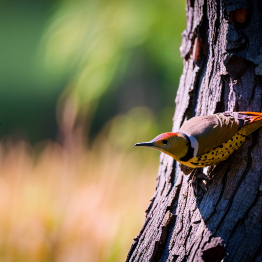 An image showcasing a vibrant woodland scene in Alabama, with a Northern Flicker perched on a tree trunk