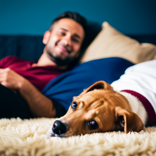 An image showcasing a contented dog lying peacefully beside its owner, with the owner gently rewarding the dog's calm behavior through positive reinforcement training