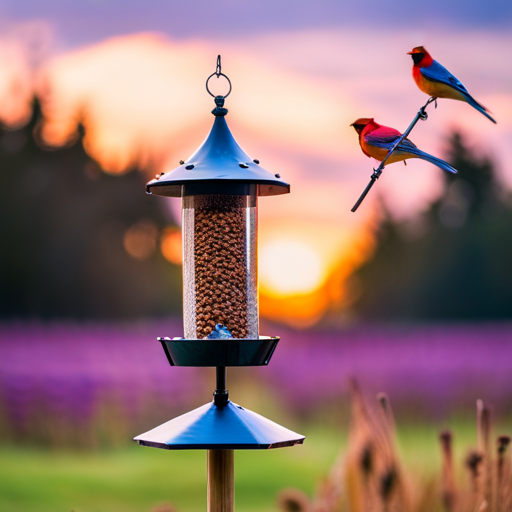 An image showcasing various bird feeder poles, ranging from sturdy metal posts to elegant wooden stands, each adorned with colorful feeders attracting a wide array of birds
