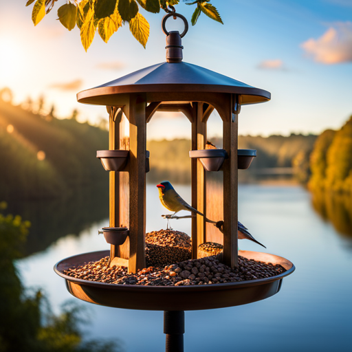 An image showcasing a sturdy, rust-resistant, and adjustable bird feeding station kit in a picturesque garden setting, adorned with multiple feeding ports, water trays, and hanging hooks for attracting various bird species