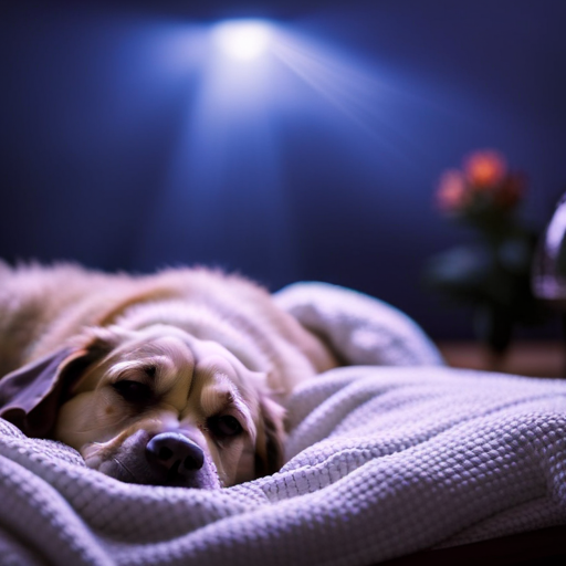 An image of a cozy living room with a trembling dog seeking comfort under a soft blanket, while outside, raindrops race down a windowpane and lightning illuminates the dark sky