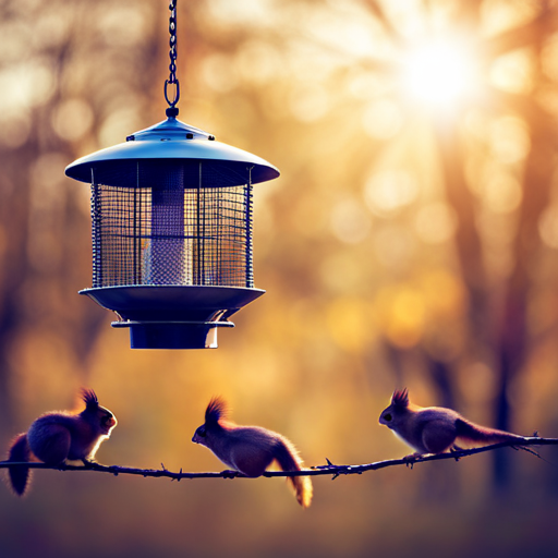 An image showcasing a sturdy wire mesh bird feeder, elegantly suspended from a tree branch, surrounded by baffles and perches designed to deter squirrels