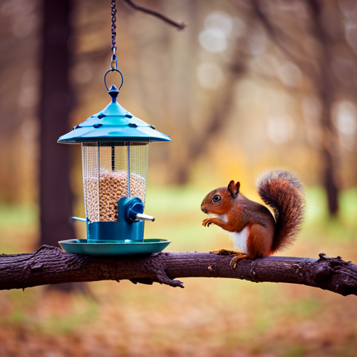 An image showcasing a sturdy, metal bird feeder with a weight-activated perch