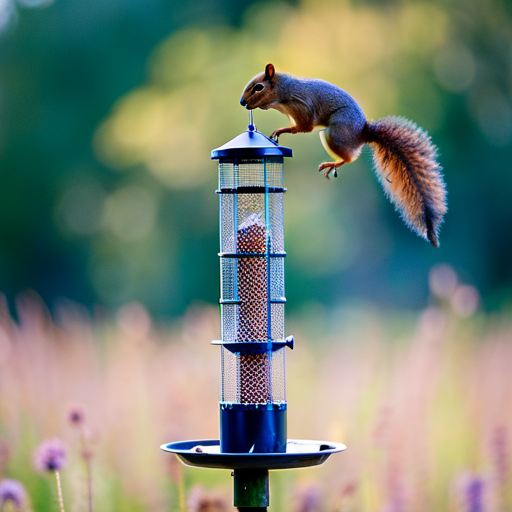 An image showcasing an array of bird feeders: a metal mesh cylinder with small openings, a weight-activated perch, and a squirrel baffle