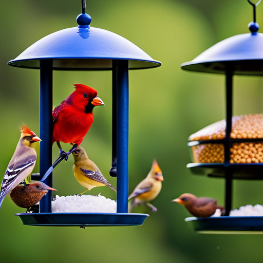 An image showcasing a diverse array of birds feasting at a bird feeder
