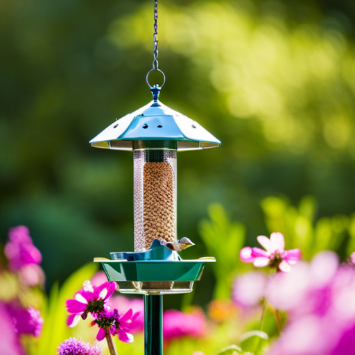 An image of a pristine, luscious bird feeder standing amidst a perfectly manicured garden