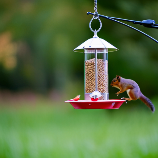 An image showcasing a sturdy, metal bird feeder with a weight-activated mechanism