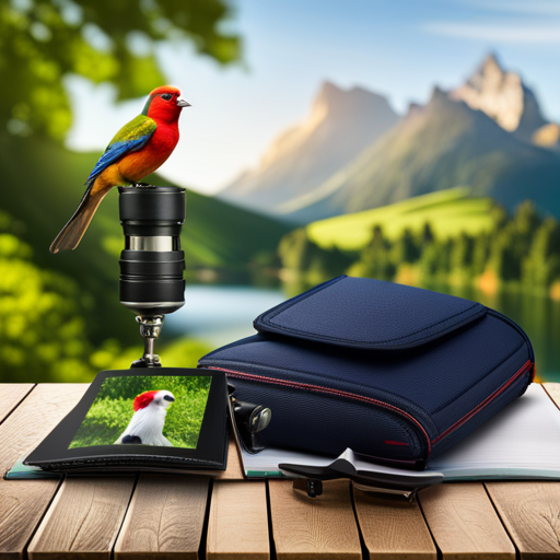 An image showcasing a pair of compact binoculars nestled in a backpack alongside a colorful bird identification guidebook, surrounded by lush green foliage and a glimpse of a vibrant-feathered bird in the distance
