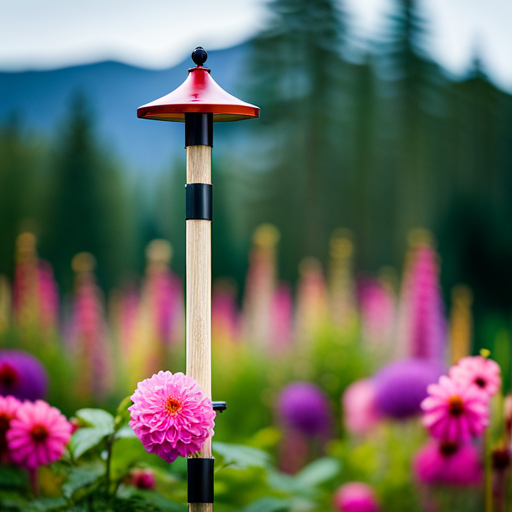 An image showcasing a variety of bird feeder poles in different sizes and designs, set against a backdrop of lush green trees and blooming flowers, illustrating the perfect harmony between the poles and various outdoor spaces