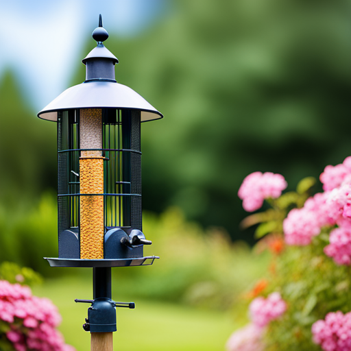 An image showcasing the Lupfung Premium Bird Feeding Station in a picturesque garden, surrounded by lush foliage and attracting a variety of colorful birds