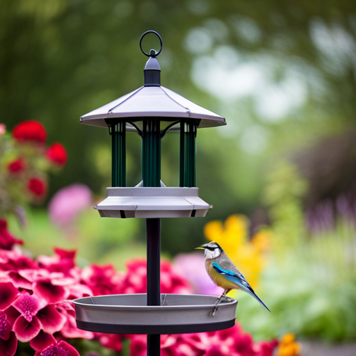 An image showcasing the BOLITE Bird Feeding Station in a lush backyard setting, surrounded by vibrant, blooming flowers