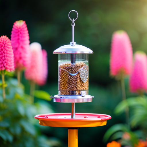 An image showcasing an adjustable height bird feeder stand in a lush garden setting